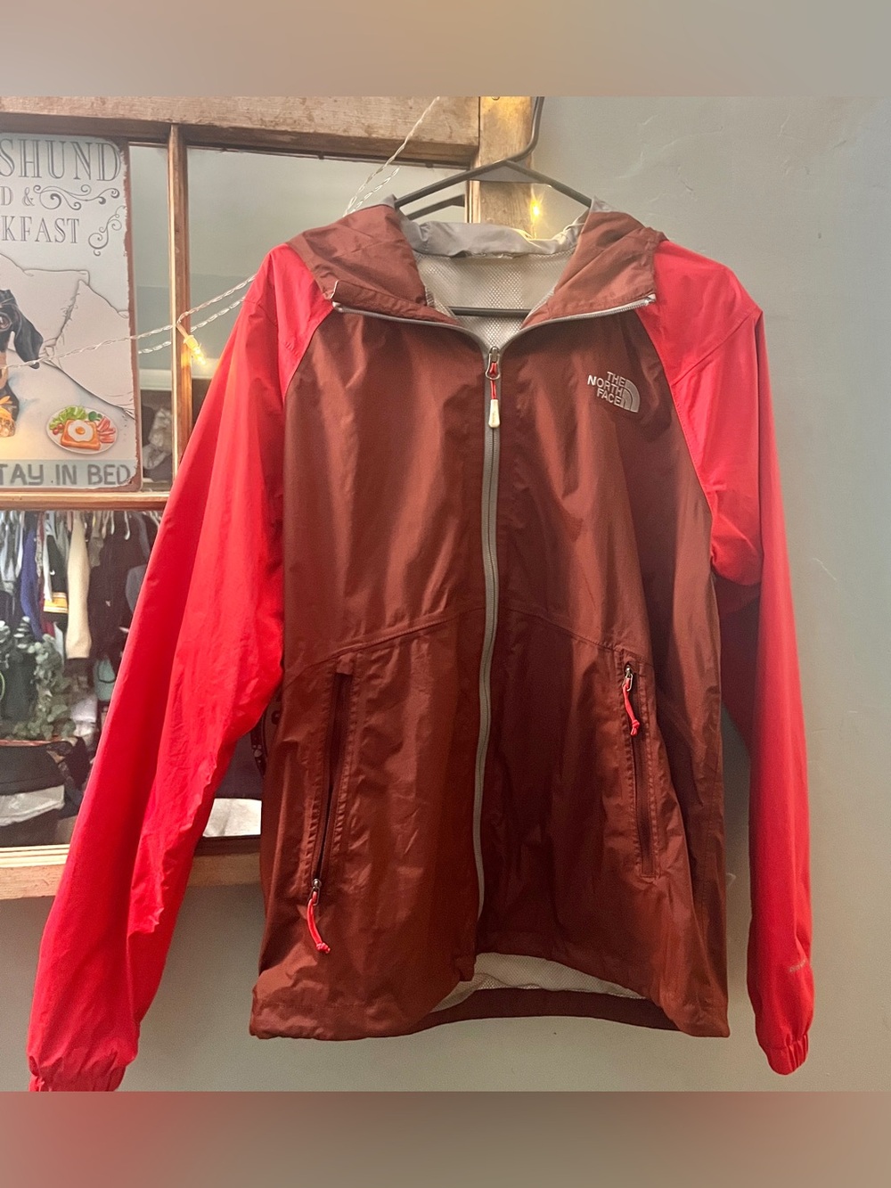 The North Face Burgundy Body Red Sleeve Hooded Windbreaker